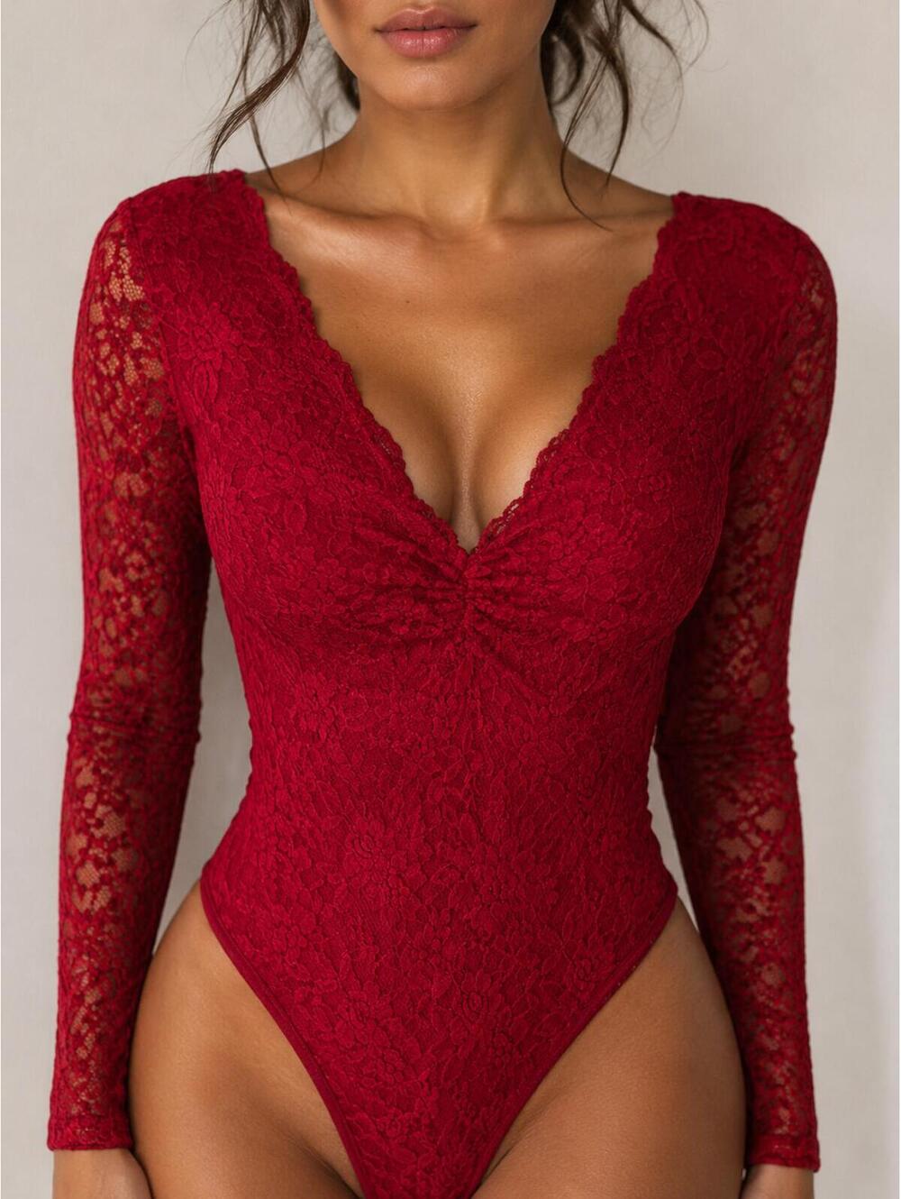 Red Floral Lace Bodysuit | Long Sleeve V-Neck Top Romantic Goth Dark Coquette M
